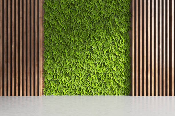 Wall with Leaves and Wood Elements stock photo