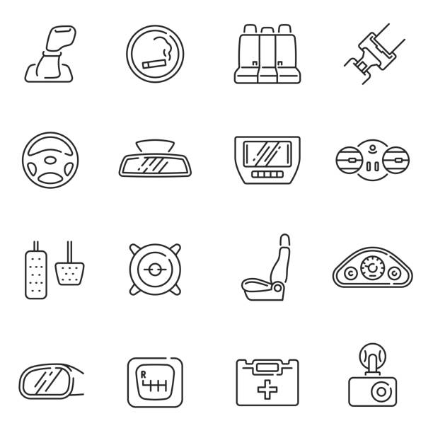 Collection of car interior details line icon vector illustration monochrome outline style Collection of car interior details line icon vector illustration. Set of seat back seats dashboard transmission pedals first aid kit dvr and safety belt monochrome outline style isolated on white furniture instructions stock illustrations