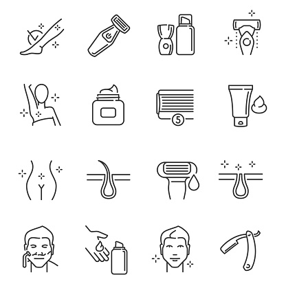 Collection of hand drawn shaving icon monochrome outline vector illustration. Set of simple line epilation depilation equipment care isolated on white. Sugaring hair removing razor and shave cream