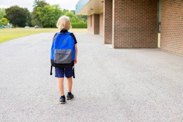 istock Little boy walking to school, carrying backpack. Back to school concept. 1305720759