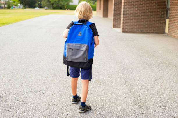 istock Little boy walking to school, carrying backpack. Back to school concept. 1305721652