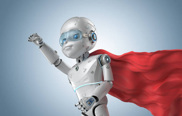 istock Cute robot with cartoon character wear red cloak 1305721933