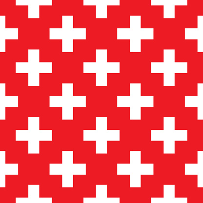 Vector seamless pattern of white cross shapes on a square red background.