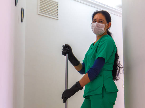 Housemaid sweeping the floor looking at camera and copy space stock photo