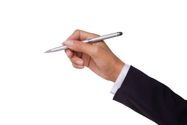 istock Business sfaff woman hand with black suit holding pen isolated on withe background. for write work document. 1305736281
