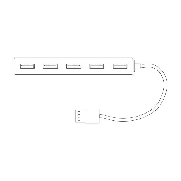 ilustraciones, imágenes clip art, dibujos animados e iconos de stock de concentrador usb rectangular en diseño de contorno con puertos usb de una sola fila y cable. un divisor para una computadora o portátil. ilustración de vector plano - hubcap usb cable cable computer