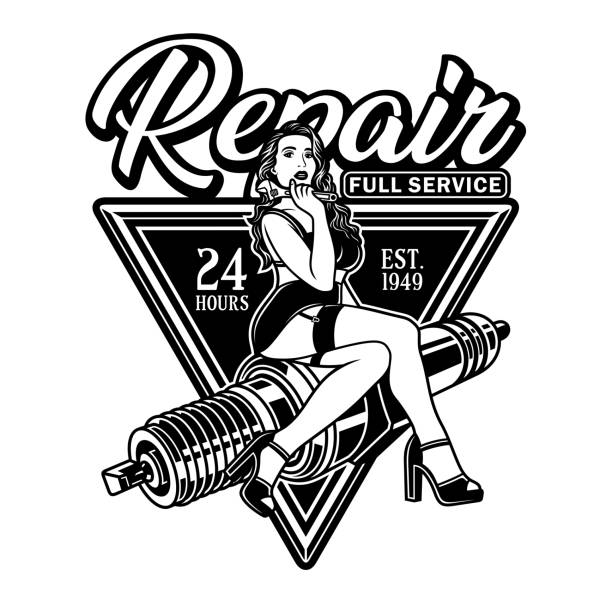 Bougie d’allumage Pin Up Girl Hold Wrench Vector Illustration - Illustration vectorielle