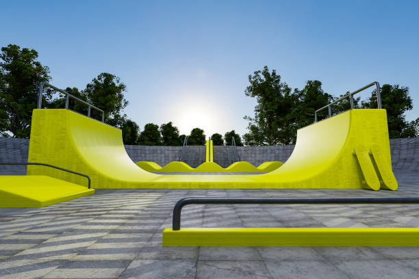 skate park 3d rendering all'aperto a tema giallo al crepuscolo serale. - skateboard court foto e immagini stock