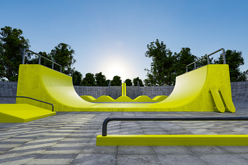3d rendering outdoors skate park in yellow theme at evening twilight.
