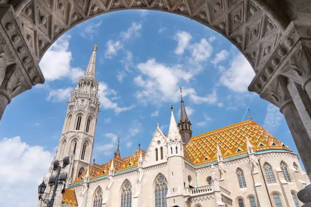 Photo of Matthias Church, a church located in Budapest, Hungary, in front of the Fisherman's Bastion at the hill of Buda's Castle District. Beautiful church in Budapest, Hungary