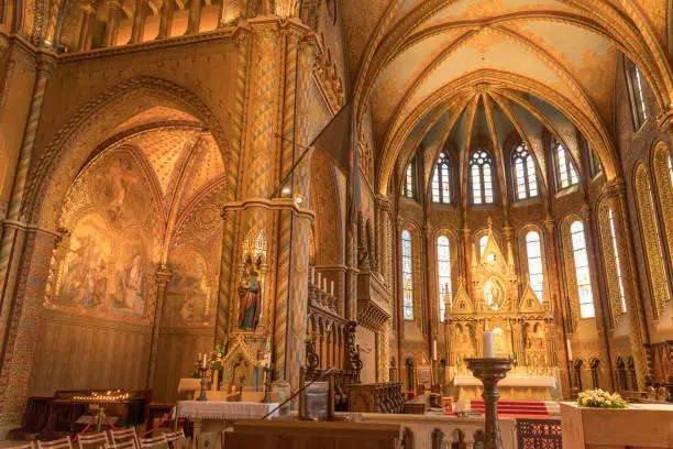 Photo of Interior of Matthias Church located in Buda's Castle District Budapest, Hungary with Roman Catholic church style in last Habsburg King.