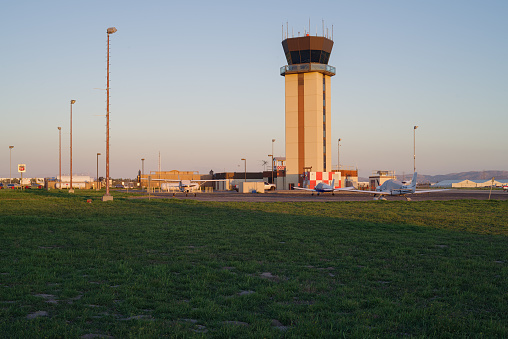 Chino Airport, CA, USA - March 6, 2021: this image shows a view of the airport with the control tower as the main sugject.
