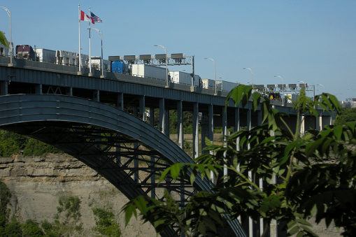 An endless line of trucks transporting goods over the Canada-US border during the pandemic lockdown.