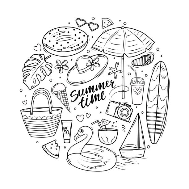 ilustraciones, imágenes clip art, dibujos animados e iconos de stock de doodle de verano con letras, tabla de surf, sombrilla, círculo inflable y bolsa de playa. libro para colorear. ilustración vectorial. - fruit watermelon drawing doodle