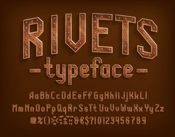 Rivets alphabet font. Steampunk letters, numbers and punctuation. Uppercase and lowercase. Rivets alphabet font. Steampunk letters, numbers and punctuation. Uppercase and lowercase. Stock vector typescript for your design. rivet stock illustrations