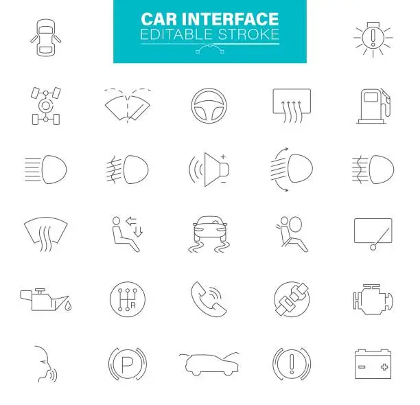 Vector illustration of Car Interface Icons Editable Stroke. Contains such icons as mechanic, computer diagnostics, steering wheel , battery, transmission