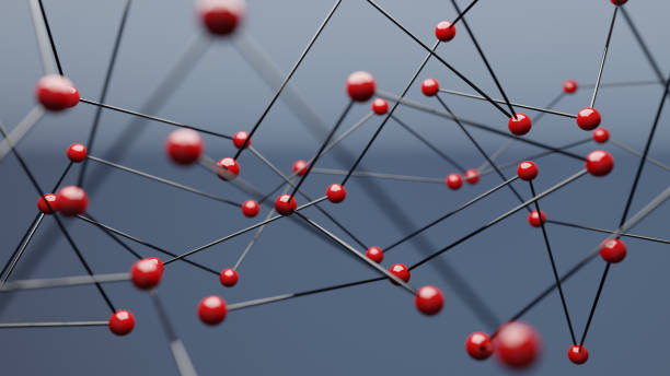 istock Red spheres on blue background, concept of network 1305761065