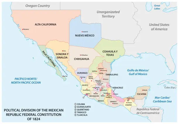 Vector illustration of political division of the mexican republic federal constitution of 1824