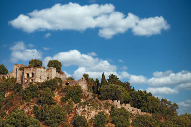 old ruined castle on hill landscape Parga Greece stock photo