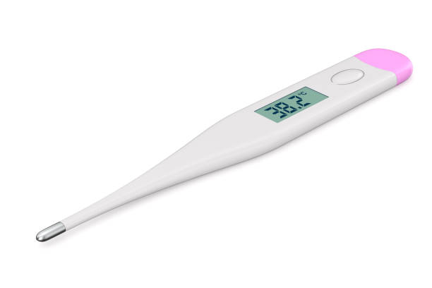 thermometer auf weißem hintergrund. isolierte 3d-illustration - isolated on white three dimensional accuracy arm stock-fotos und bilder