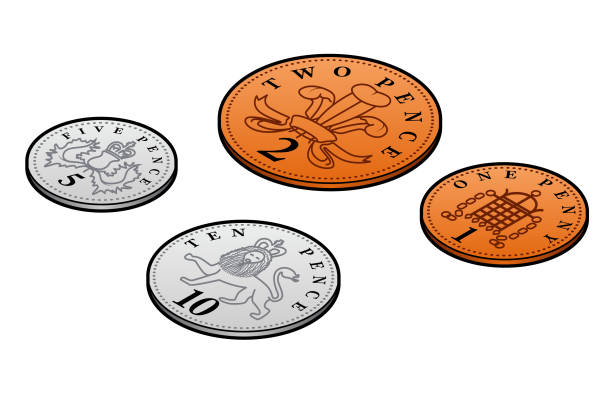 UK pound sterling penny coins A group of stylised UK sterling penny coins. 1, 2, 5, and 10 pence. british coins stock illustrations
