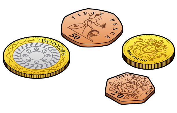 UK pound sterling penny coins A group of stylised UK pound and penny coins. 20 and 50 pence, 1 and 2 pounds. british coins stock illustrations