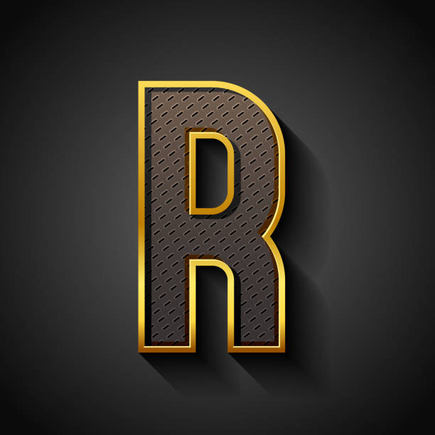 ilustrações, clipart, desenhos animados e ícones de fonte 3d com raia dourada, alfabeto condensado da moda sans serif, letra metálica moderna r com textura de fibra de carbono, ilustração vetorial 10eps. - letter r alphabet alphabetical order backgrounds