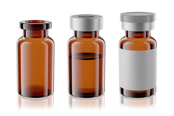 Vaccine brown glass injection vials set isolated. 3d rendering mockup.