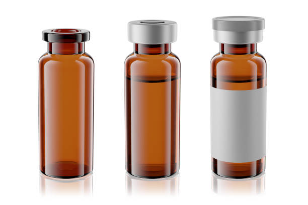 istock Vaccine brown glass injection vials set isolated. 3d rendering mockup. 1305766413