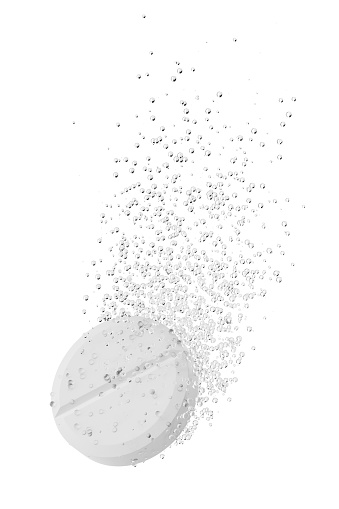 Comprimido efervescente con burbujas aisladas sobre blanco. Ilustración de renderizado 3D. photo