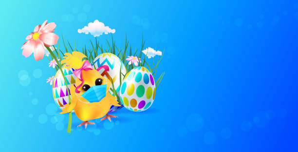 ilustrações de stock, clip art, desenhos animados e ícones de cute chick in medical mask with decorative eggs happy easter holiday celebration - mask religious celebration horizontal easter