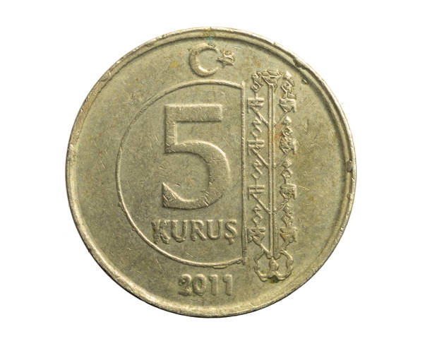 istock Turkey five kurus coin on a white isolated background 1305769240