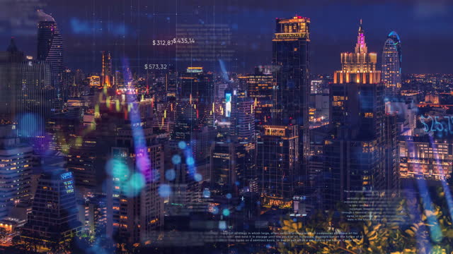 Digital world business finance and AI digital technology concept, investment profit stock exchange market price with business district central city time-lapse background