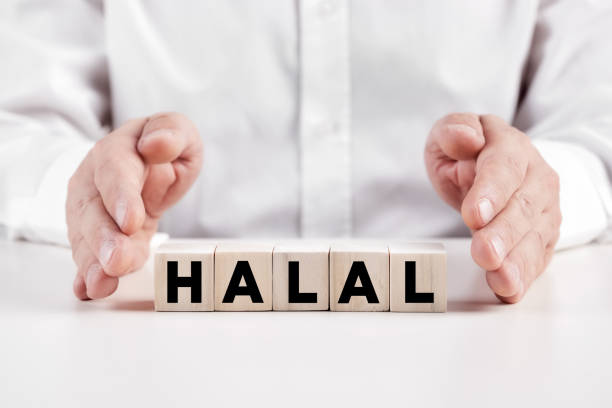 geschäftsmann hände bedeckt die holzwürfel mit dem wort halal. - label sign symbol single word stock-fotos und bilder