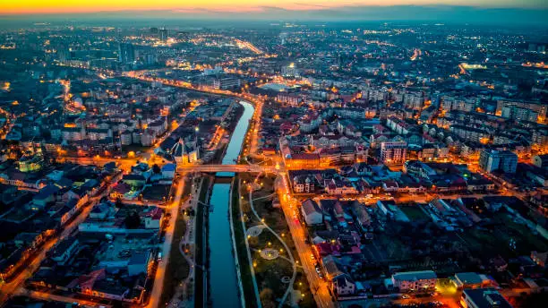 Aerial view of city of Timisoara at dusk. Photo taken on 3rd of March 2021 Timisoara, Timis County, Romania.