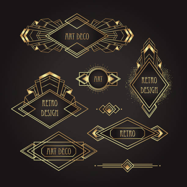 Art Deco vintage design element. Retro party geometric background set (1920's style). Vector illustration. Art Deco vintage gold patterns over black, frames and design elements. Retro party geometric background set (1920's style). Vector illustration for glamour party, thematic wedding or textile prints. gatsby stock illustrations