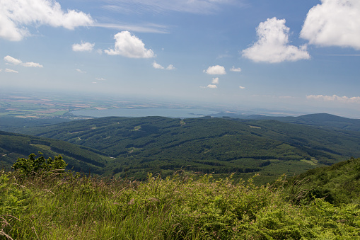 Panoramic view from Vihorlat hills on wooded nature. Large water surface of Zemplinska sirava water dam in distance. Eastern Slovakia. Summer sunny day. Blue sky with white clouds.