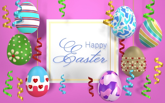 Multi colored and decorated Easter Eggs are hanged on purple surface with ribbons around them. Happy Easter text. Easy to crop for all social media and print design sizes.