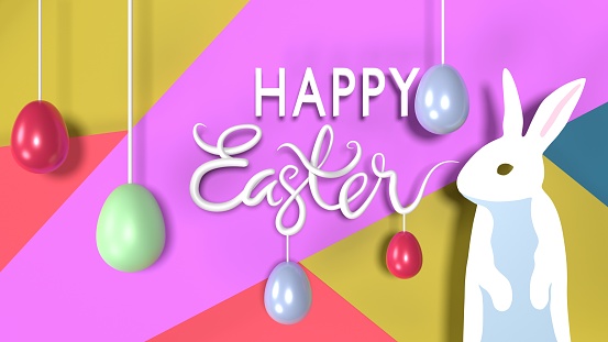 Multi colored Easter Eggs are hanged on blue surface. Happy Easter text on red banner. Easy to crop for all social media and print design sizes.