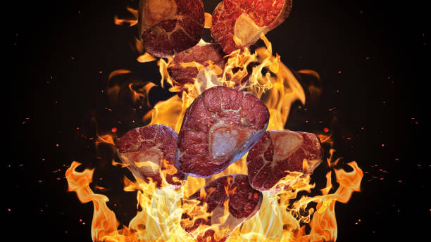istock Flying pieces of meat over grill grid. 3d rendering 1305780330