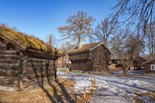 Drammen, Norway - March 4, 2021 Drammen Museum of Art and Cultural History. This is the outdoor museum with log cabins from Hallingdal.