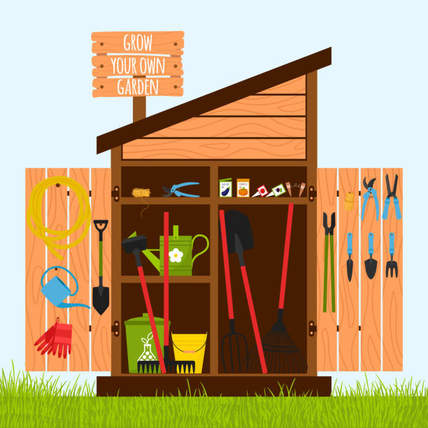 Wooden shed on the lawn with open doors. Gardening tools are stacked inside on shelves and hung on the door. A wooden sign with the words-grow your own garden. . Vector illustration in a flat style Wooden shed on the lawn with open doors. Gardening tools are stacked inside on shelves and hung on the door. A wooden sign with the words-grow your own garden. . Vector illustration in a flat style. watering pail stock illustrations