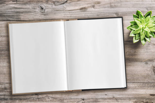 istock Open book mockup flatlay succulent plant wooden background 1305785199