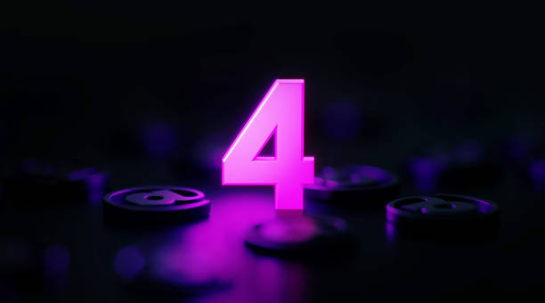 Purple number four glowing amid black at symbols on black background. Horizontal composition with copy space.