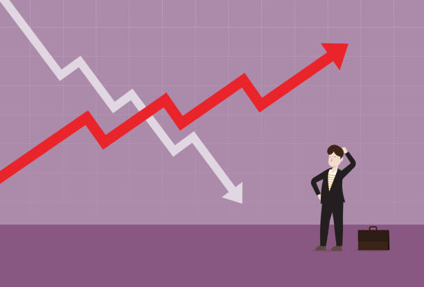 ilustrações de stock, clip art, desenhos animados e ícones de a businessman looks at a stock market graph - stock market graph chart arrow sign