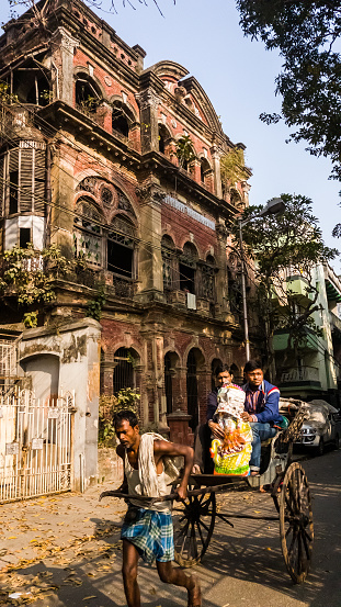 Kolkata, West Bengal, India - January 2018: A rickshaw puller hard at work on the streets lined with vintage architecture in the city of Kolkata.
