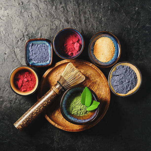 istock Various matcha tea powders on a dark concrete background. Top view. 1305789639