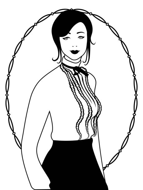 illustrazioni stock, clip art, cartoni animati e icone di tendenza di bella donna vintage in camicetta di pizzo con fiocco - fashion gothic style lace women