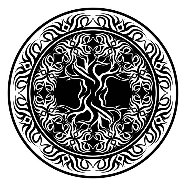 illustrations, cliparts, dessins animés et icônes de yggdrasil, arbre viking de la vie, dans le cadre rond tribal ornemental - yggdrasil