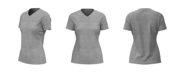istock Women's v-neck t-shirt mockup, front, side and back views 1305793852